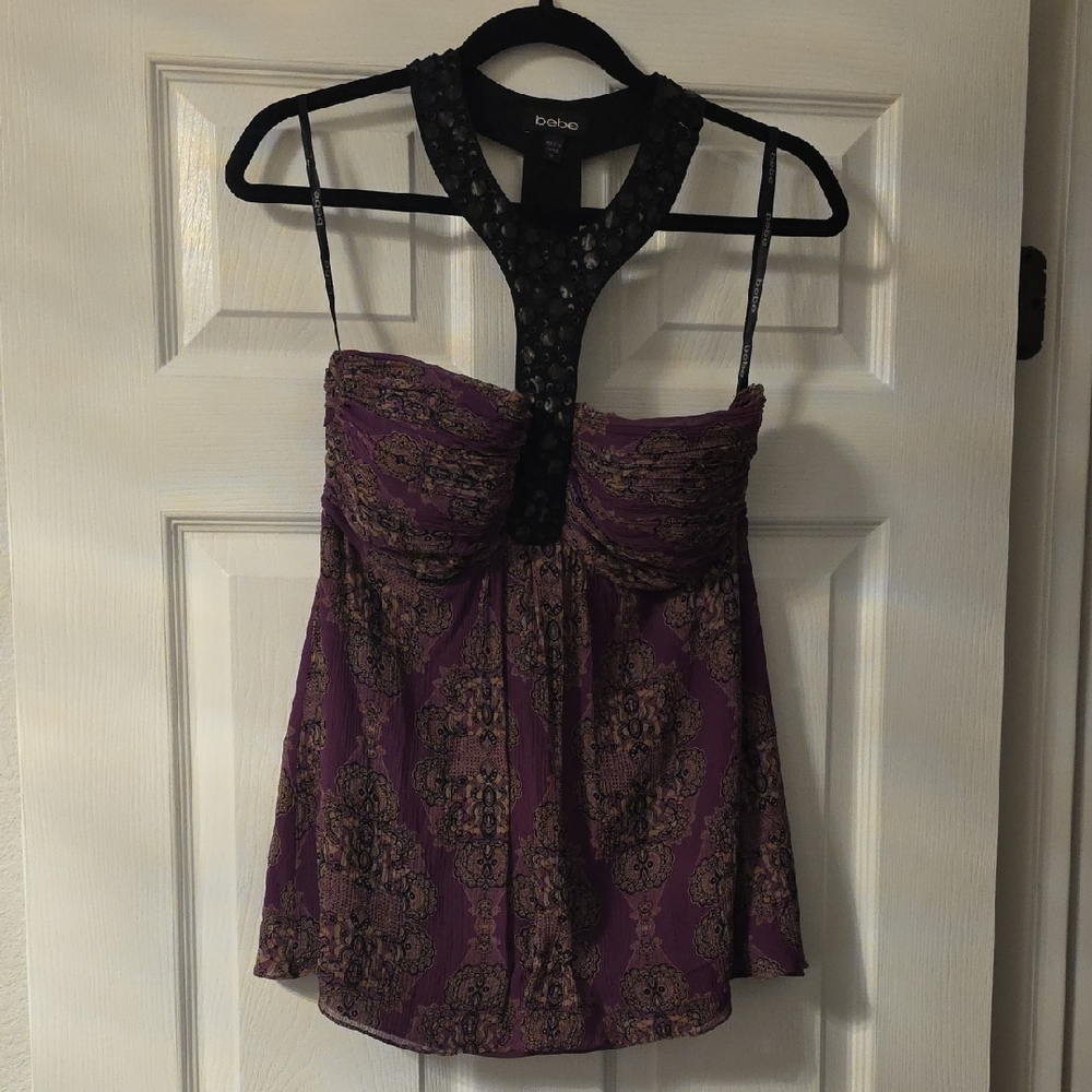 bebe Purple Paisley Lace-Trim Camisole